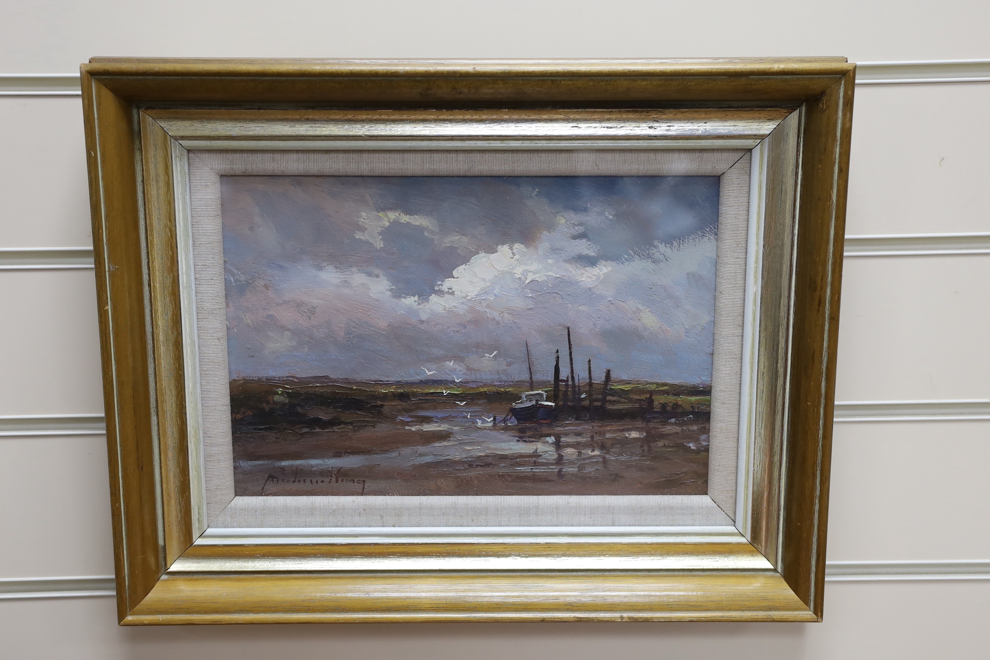 Andrew King R.O.I. (b.1956), oil on board, 'Morston Creake, Norfolk', signed, 20 x 28cm